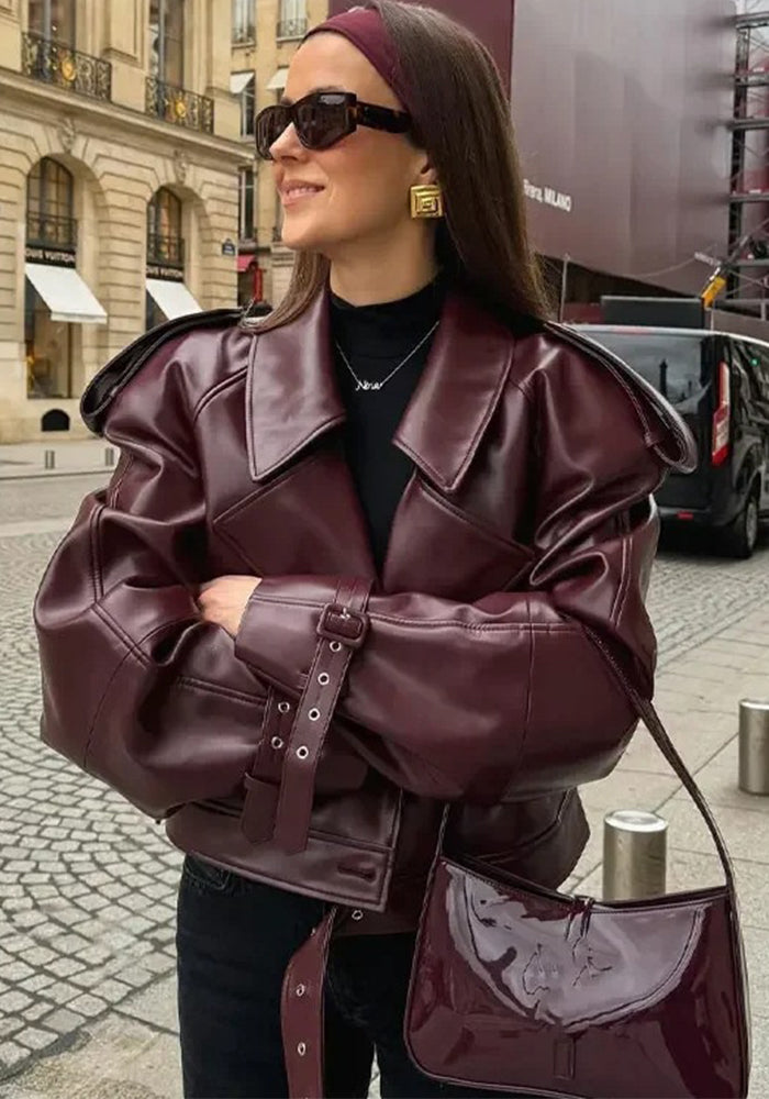 Women's Retro Turndown Collar Leather Jacket