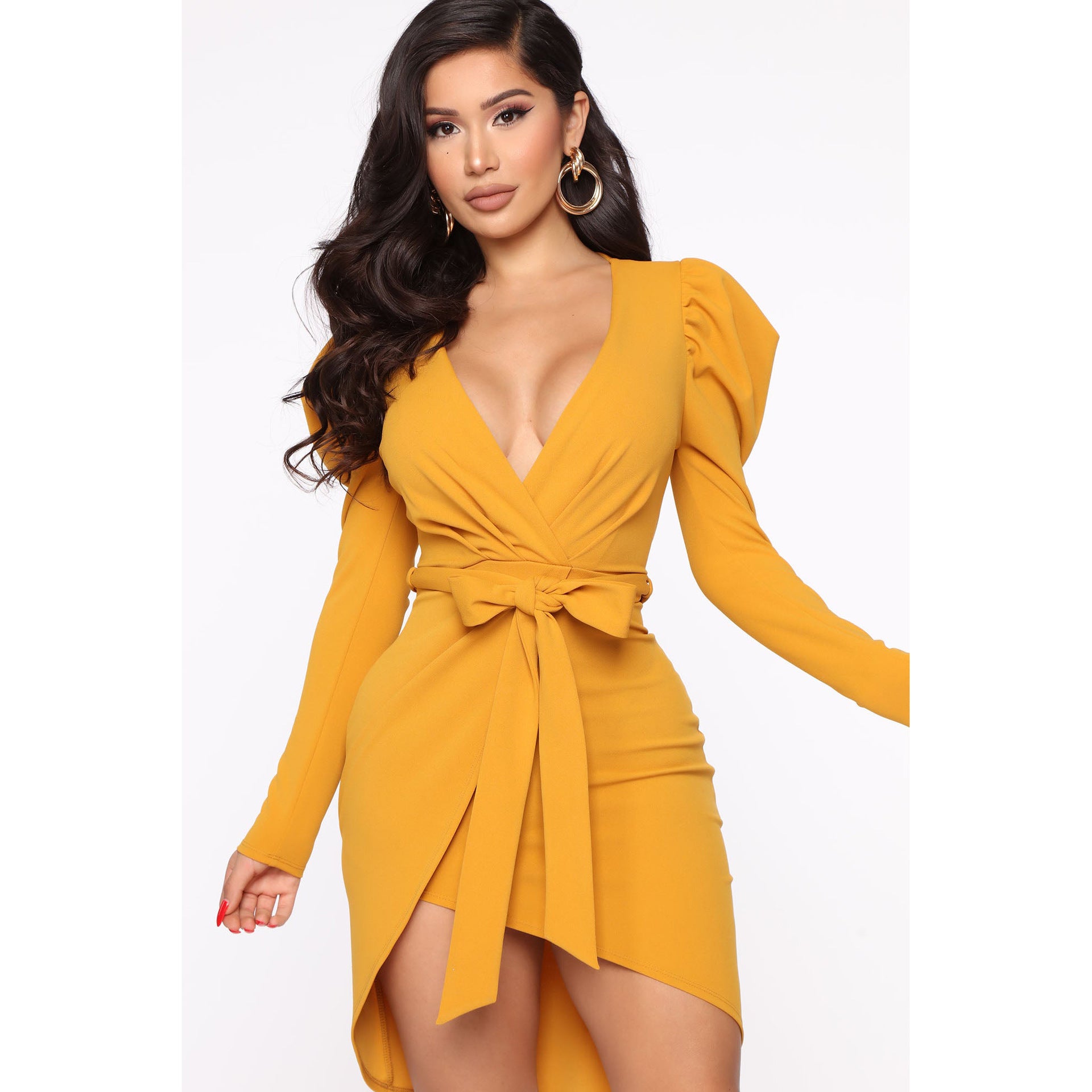 Sexy V-Neck Puff Sleeve Lace-Up Solid Color Dress 7