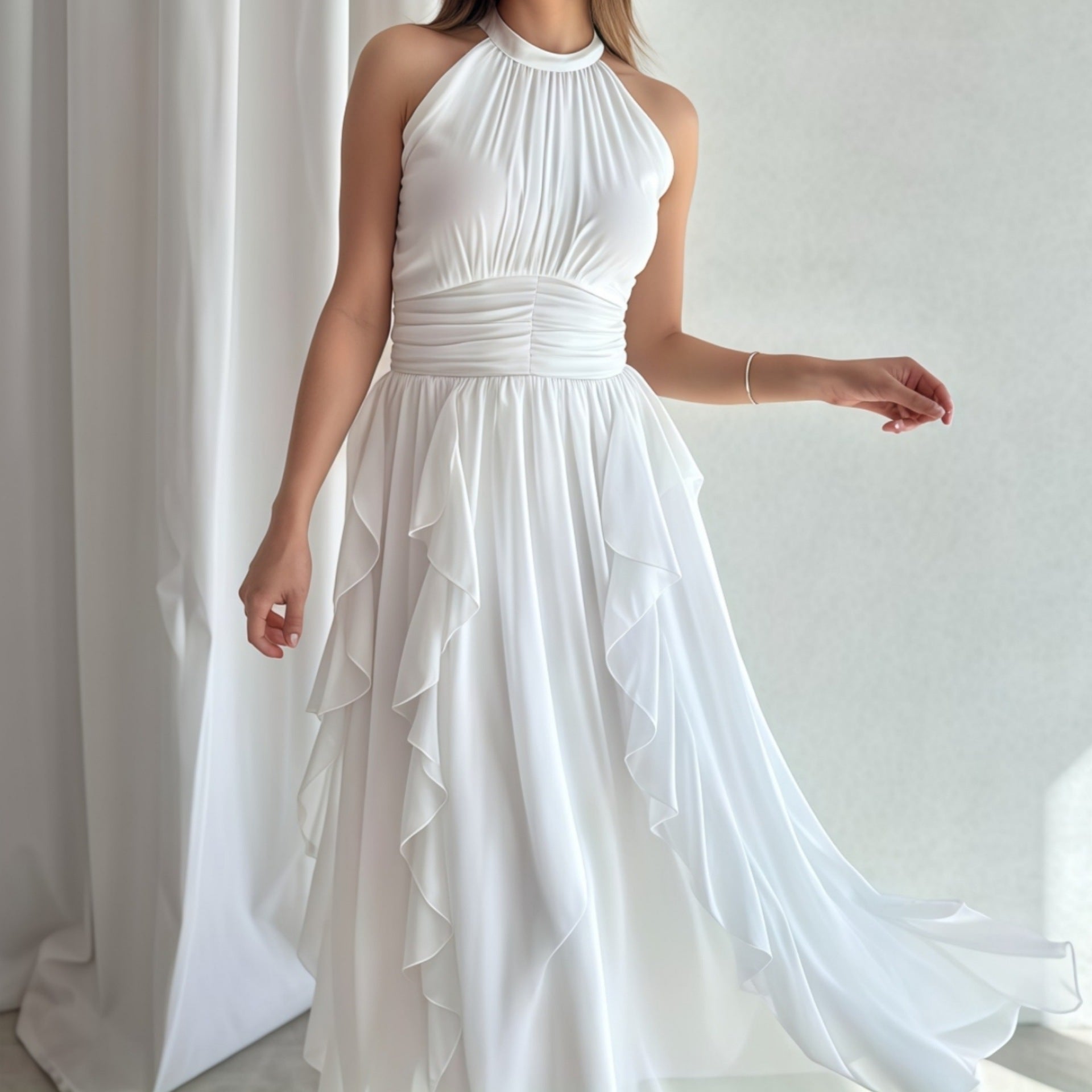 Summer Women's Chic Flounce Slim Waist Slim Fit Ruffled Dress 7