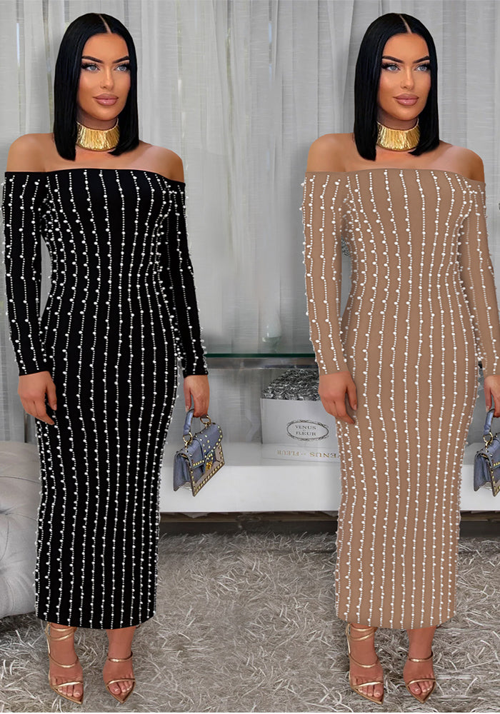 Fashion Women's Elegant Long-Sleeve Off Shoulder Rhinestone Bodycon Dress