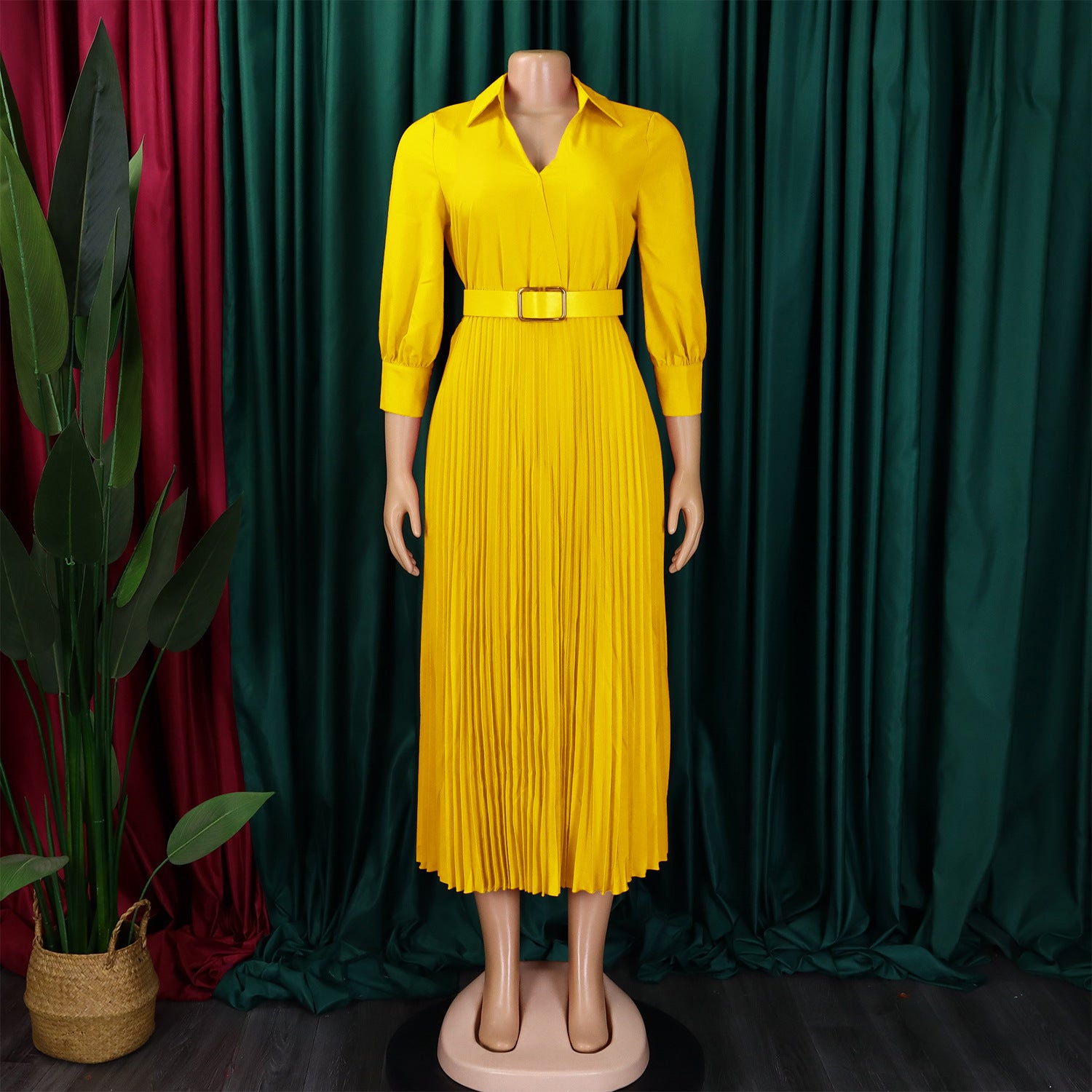 Spring V-Neck Solid Long Sleeve Pleated Dress for Women 17