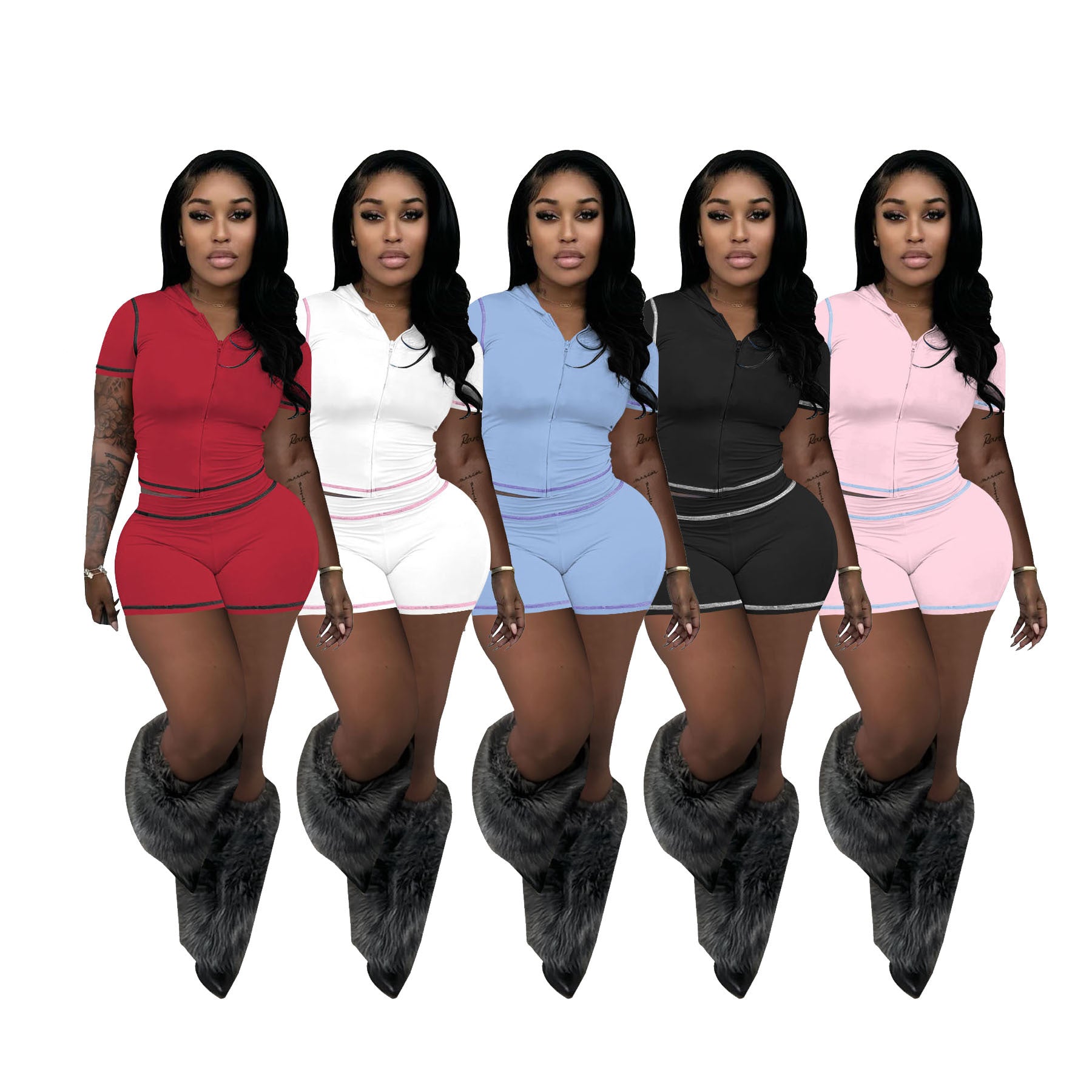 Summer Zipper Hooded High Stretch Sports Casual Short Sleeve Two Piece Shorts Set 9