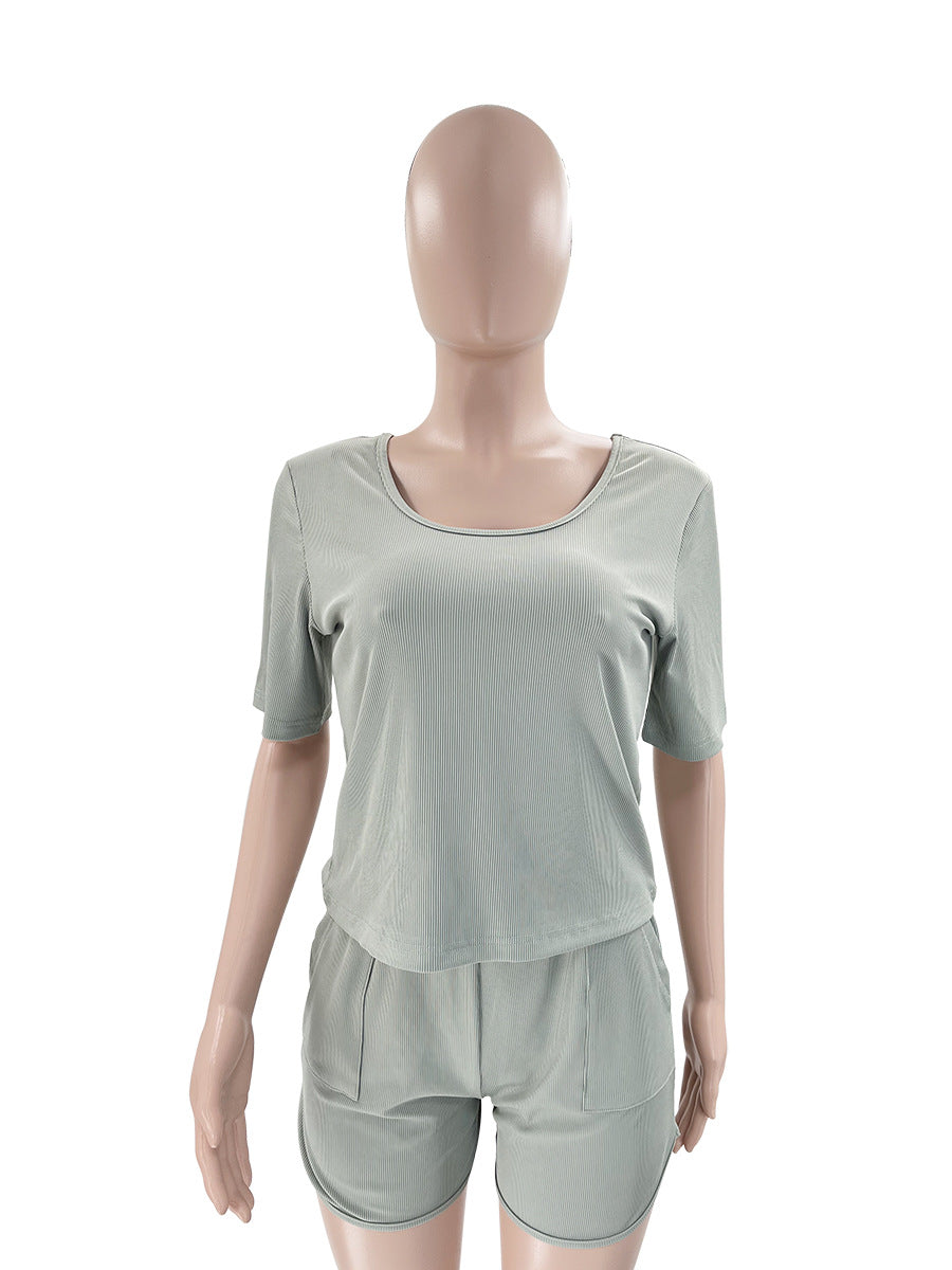 Summer Fashion Casual Sports Solid Color U-Neck Short Sleeve Two Piece Shorts Set Women's Clothing 14