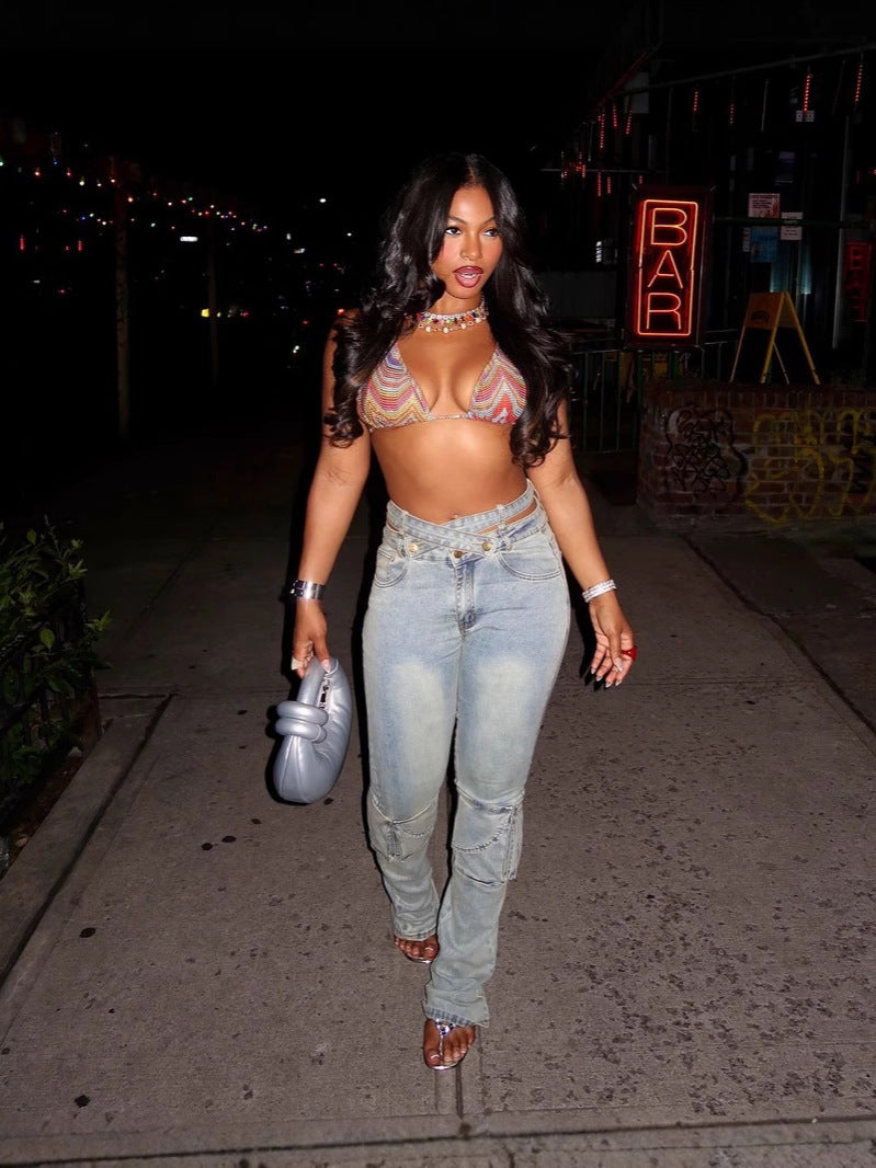 Women Fashion Double Waist Cargo Denim Trousers 5