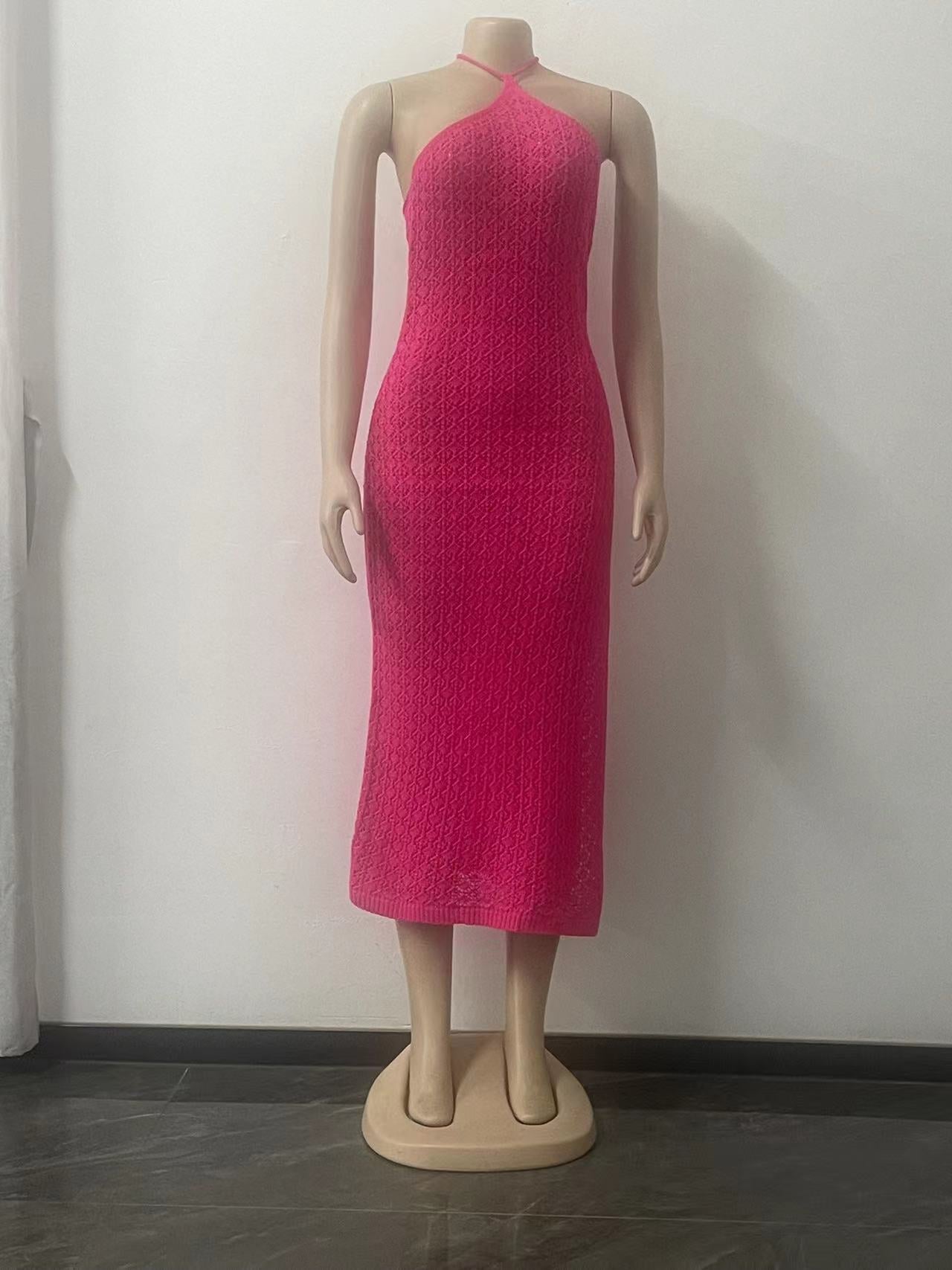 Sleeveless Chic Slit Knitting Dress Women's Cutout Halter Neck Strap Sexy Low Back Cheongsam 15