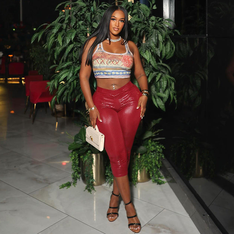 Women Spring and Summer Casual Snake Pattern Solid Cross Cropped Pants 5