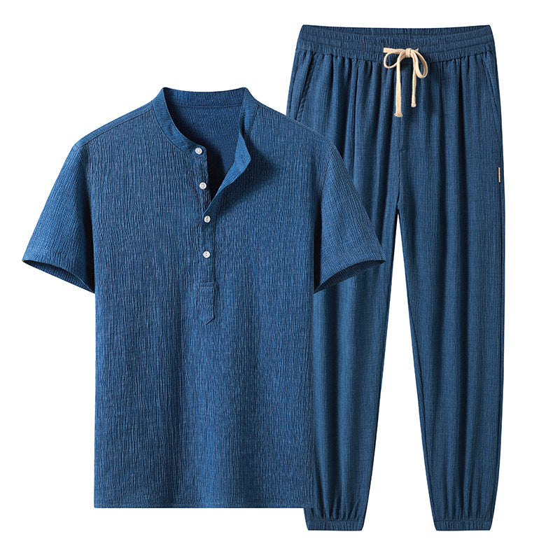 Ice Silk Short-Sleeved T-Shirt Men's Summer Ice Silk Breathable Casual Sports Linen Two Piece Pants Set 6