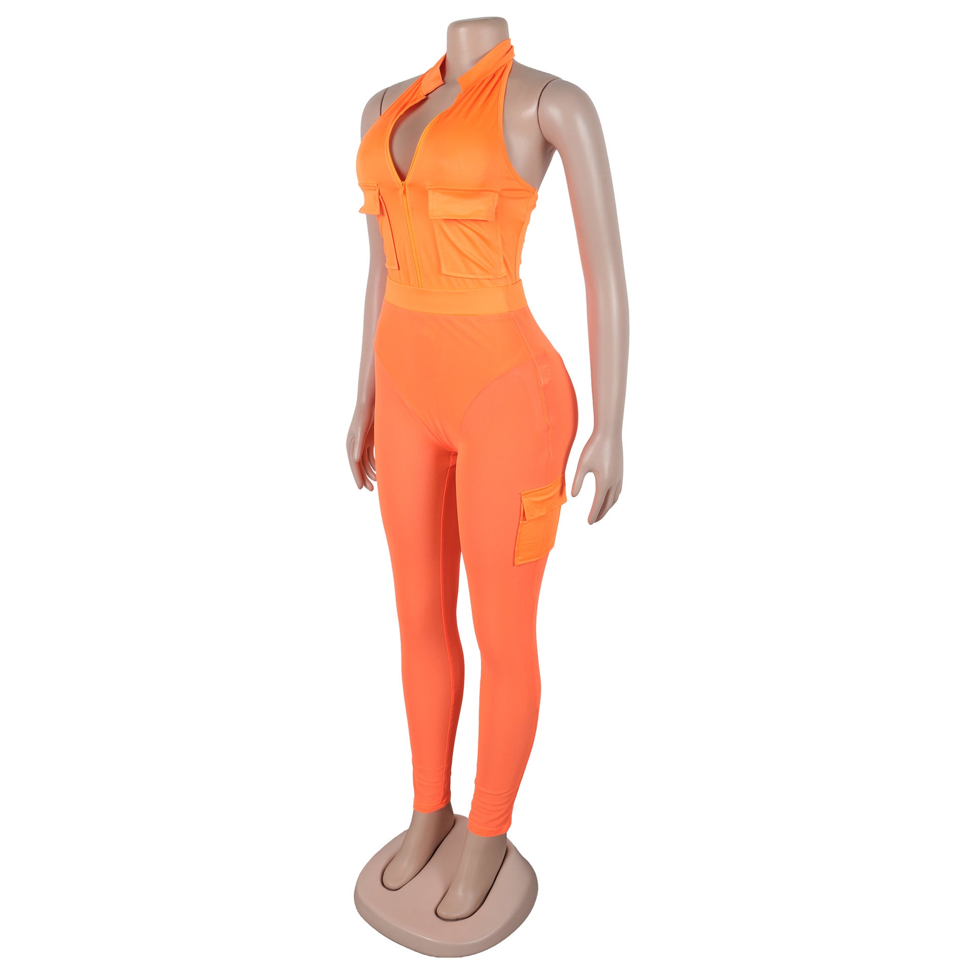 Summer Deep V-Neck Sleeveless Tight-Fitting Bodysuit Pocket Mesh Pants Set 26