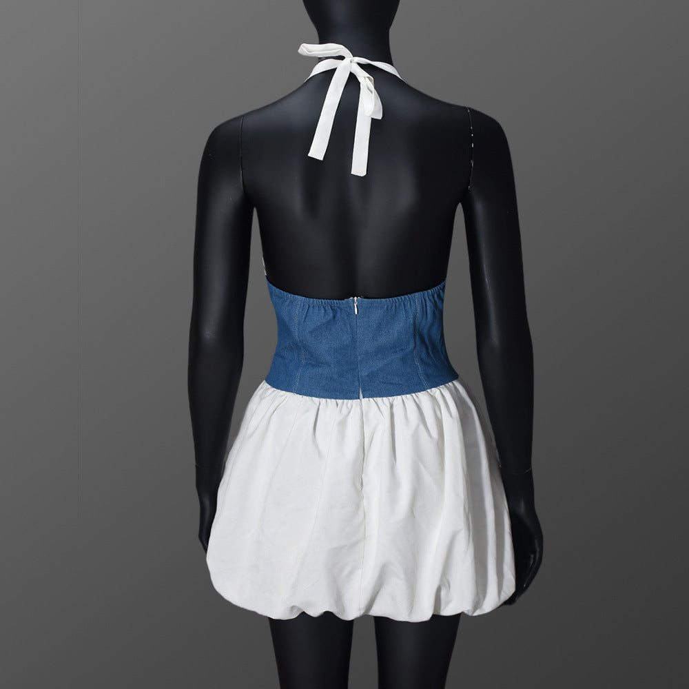 Women Summer Sexy Backless Lace-Up Contrast Patchwork Halter Neck Dress 8