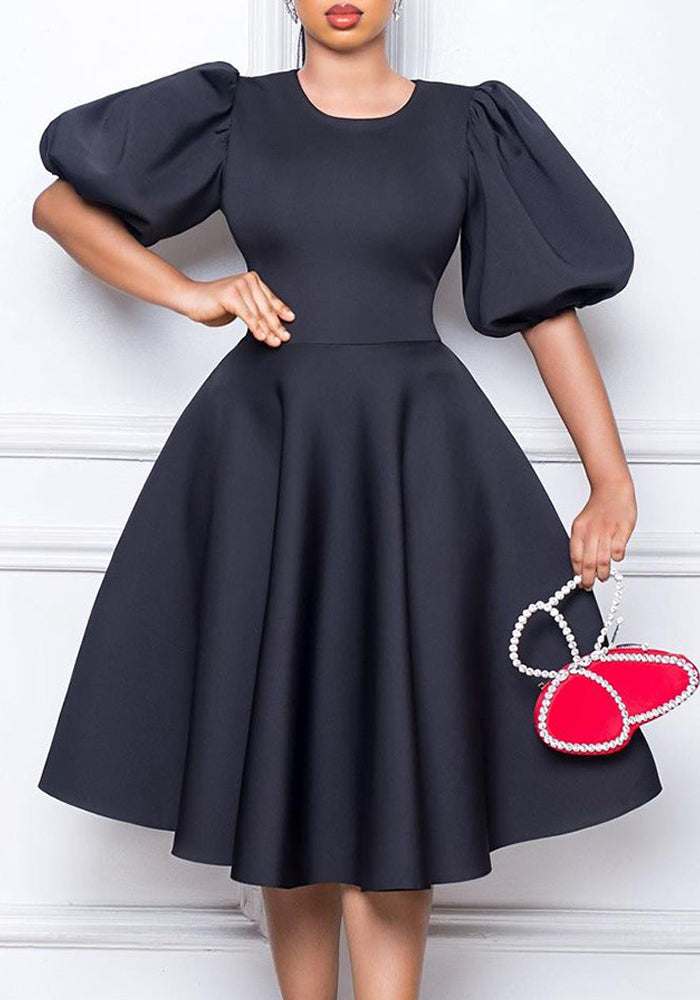 Retro Round Neck Chic Puff Sleeve Slim Waist A-Line Swing Party Dress