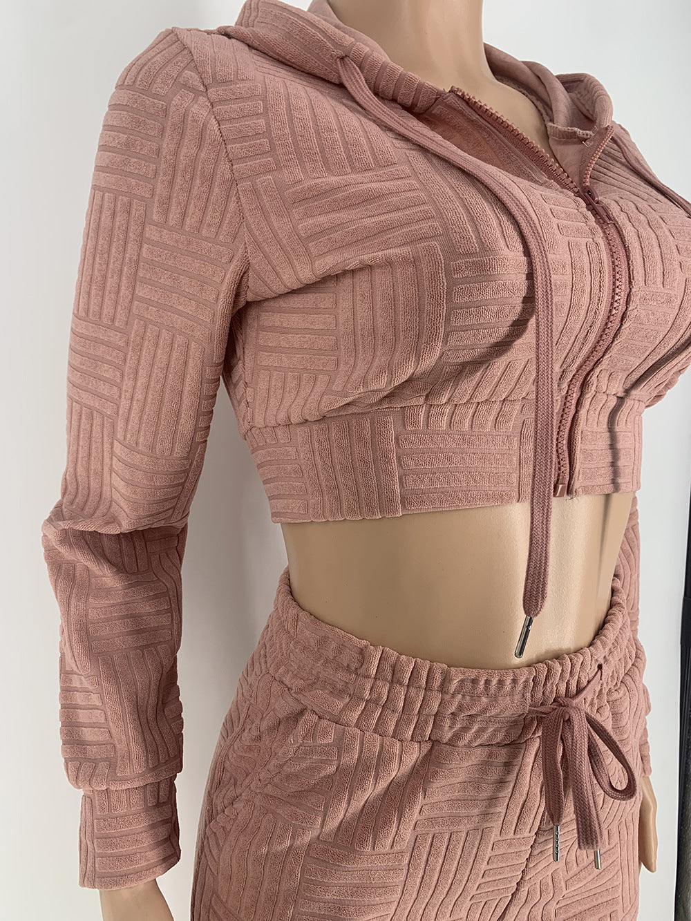 Solid Hooded Zipper Crop Two-Piece Pants Set 13