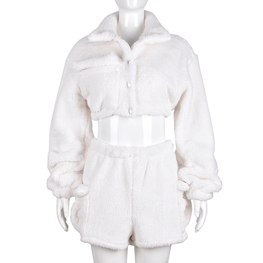 Solid Color Two-Piece Fashionable Fleece Long-Sleeved Top Shorts Set 7