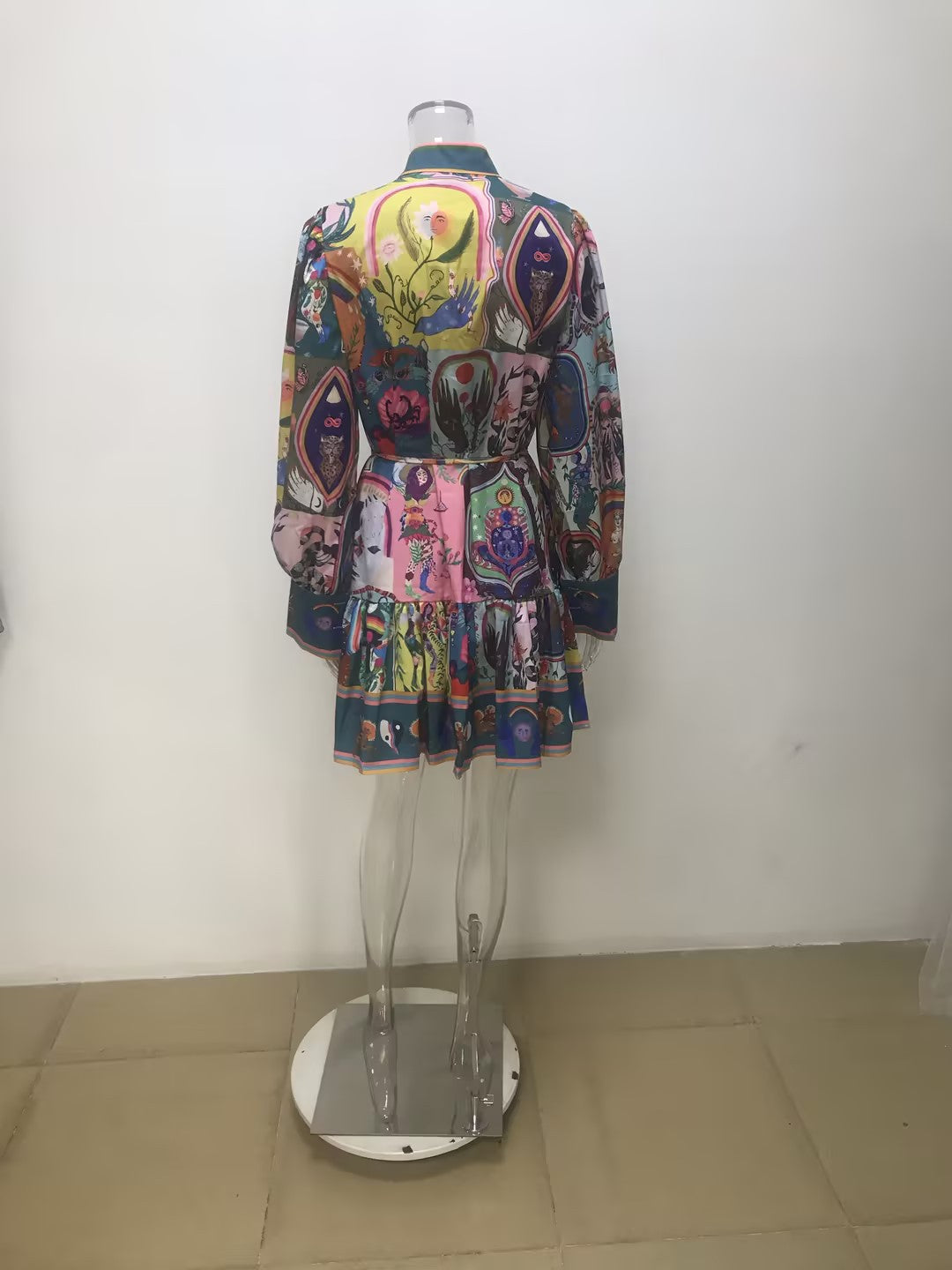 Women autumn print Round Neck lace pleated ruffle dress 7