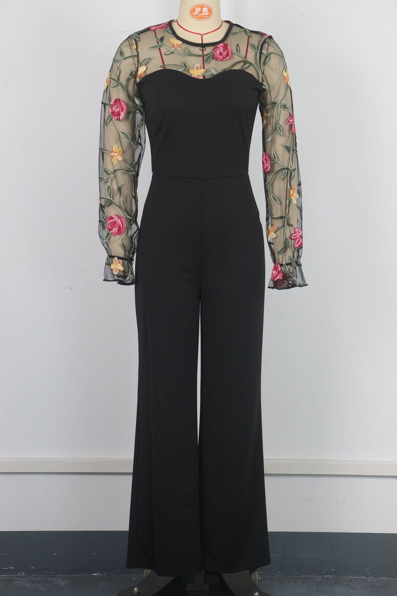 Women's Long Sleeve Embroidered Mesh Patchwork Slim Waist Jumpsuit 9