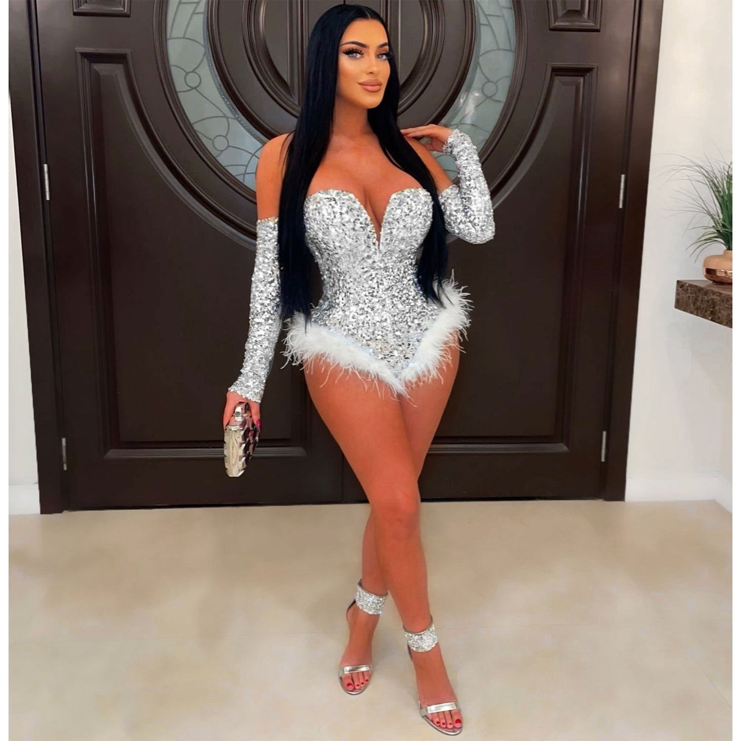Women Sexy Feather Sequin Jumpsuit 4