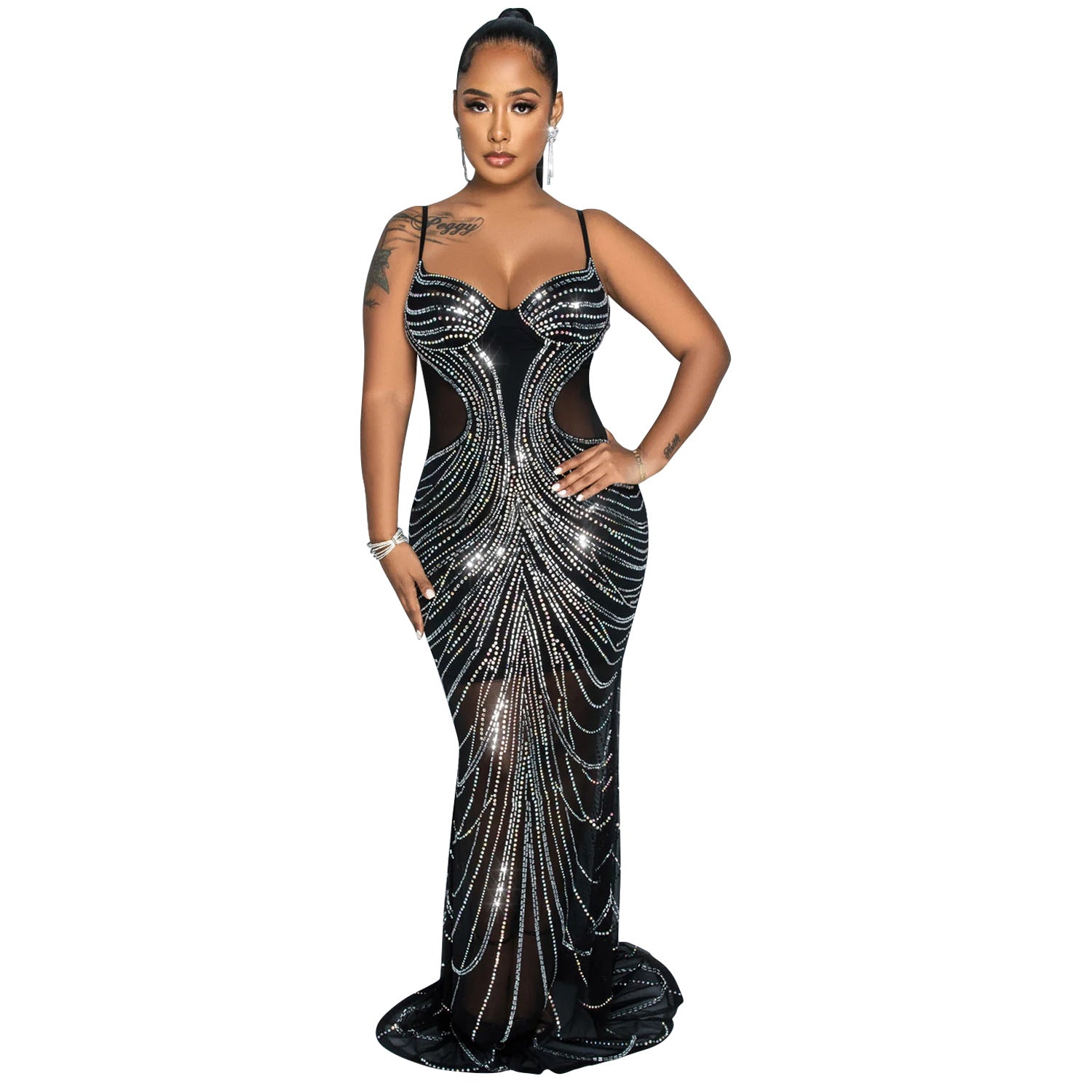 Fashion Women's Solid Color Mesh Beaded Strap Long Dress 7