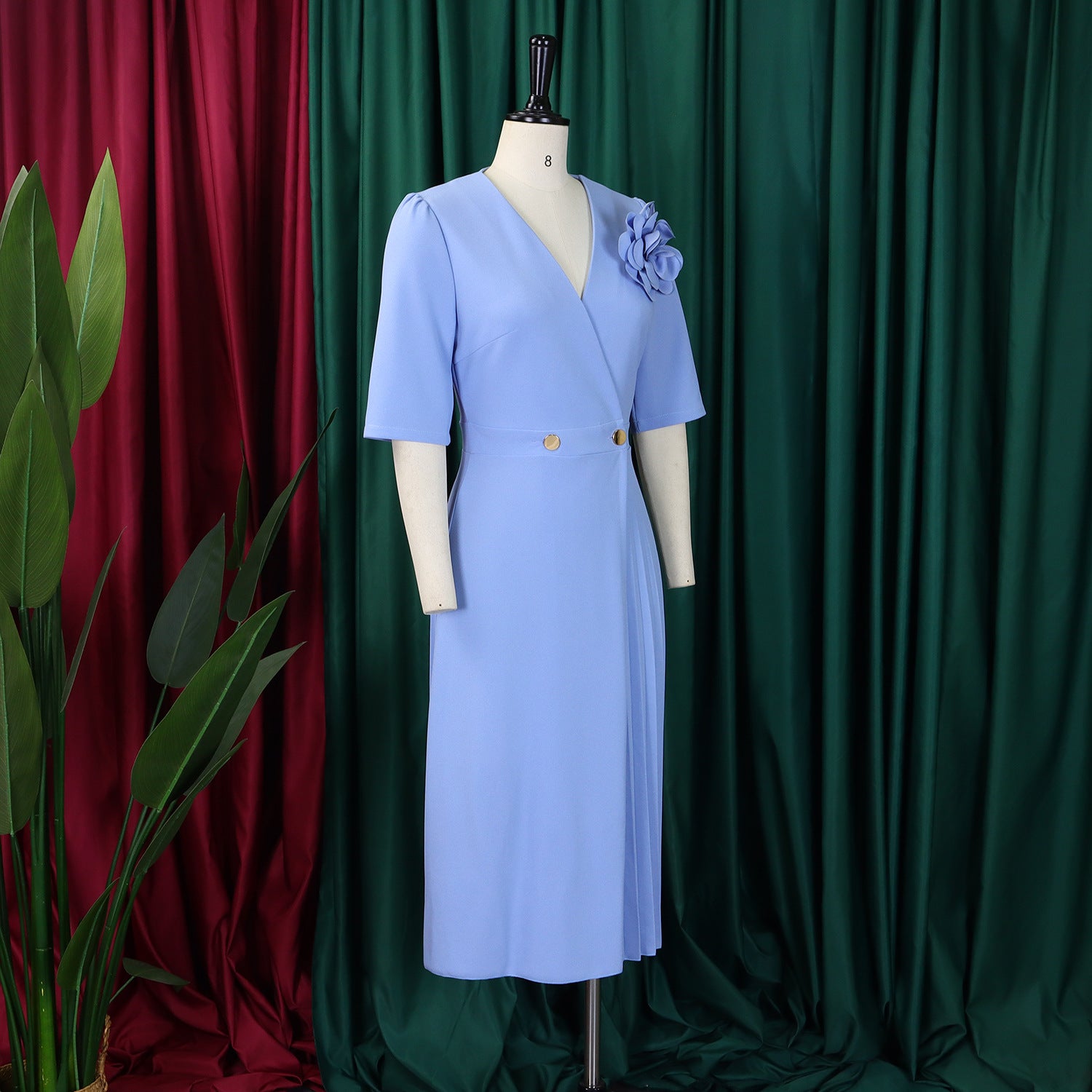 Women's Summer V-Neck Fashion Short Sleeve Solid Color Elegant Pleated African Dress 15