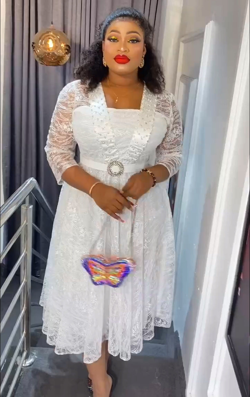 African Clothing Plus Size Women's Lace Patchwork Beaded A-Line High Waist Dress With Belt 5