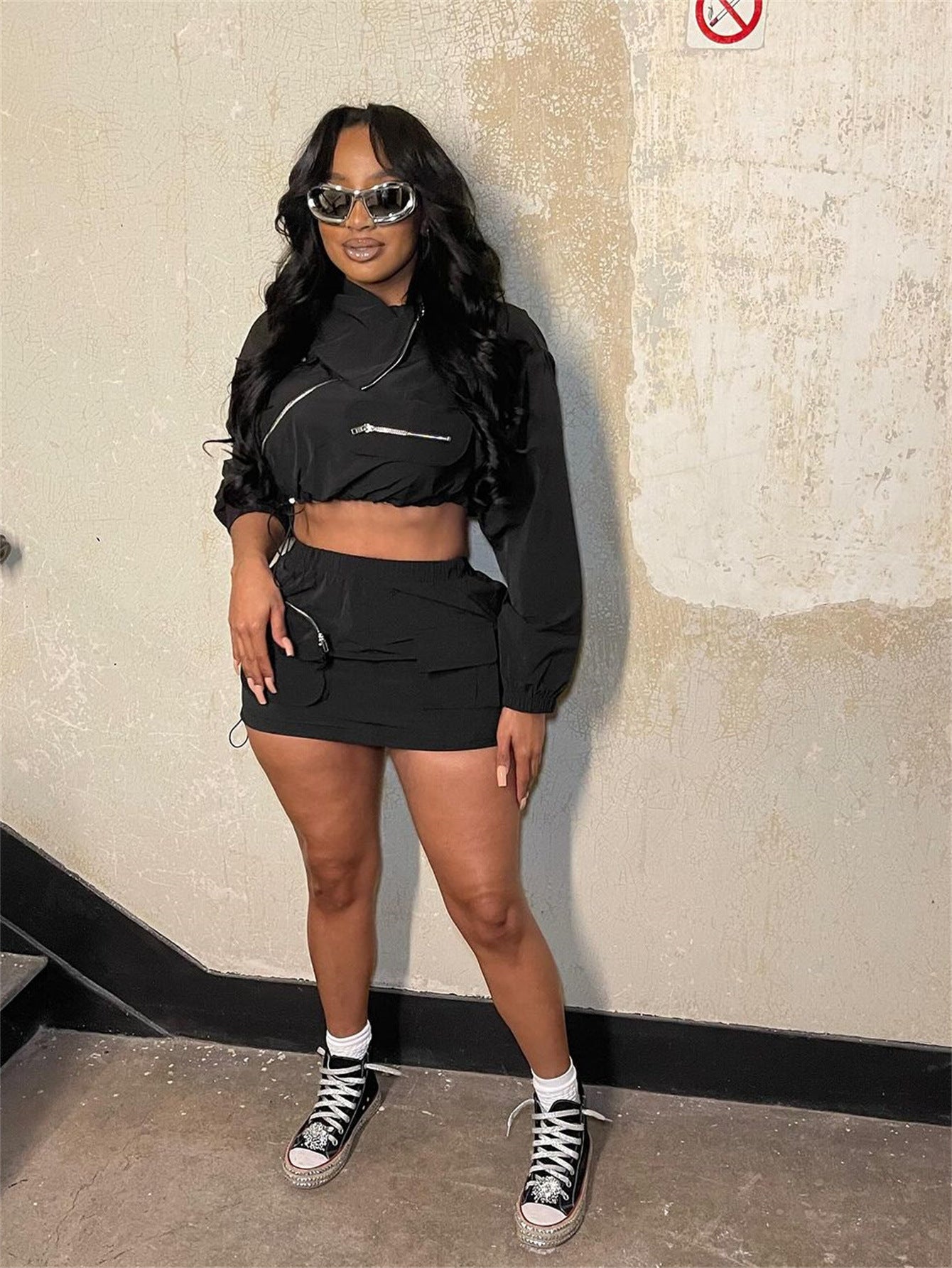 Long Sleeve Cargo Zip Jacket Short Skirt Set 3