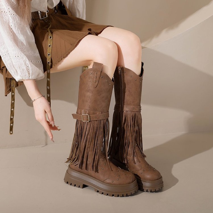 Plus Size Riding Boots with Fringe & Buckle  Mid-Calf Shoes for Women 15
