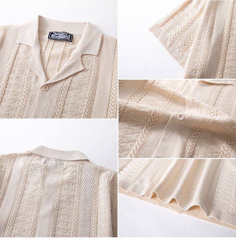 Men's Summer Short Sleeve Striped Hollow Casual Polo Top 16