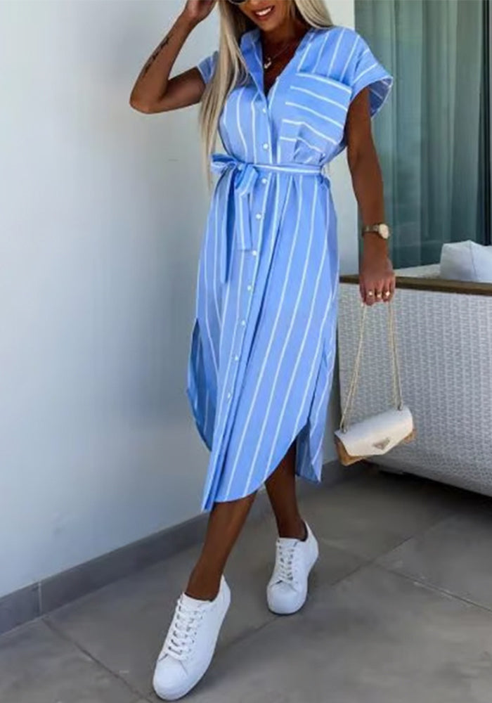 Spring Printed Turndown Collar Loose Shirt Dress