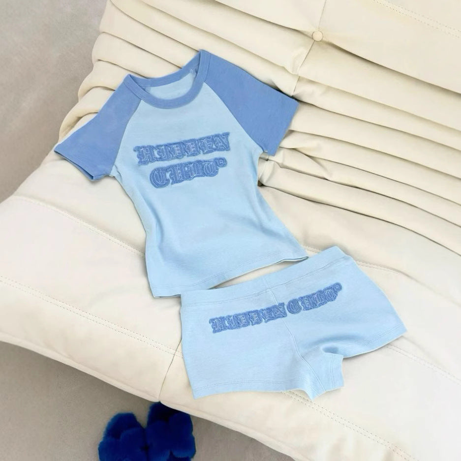 Women American style patchwork letter short-sleeved top and shorts two-piece set 7