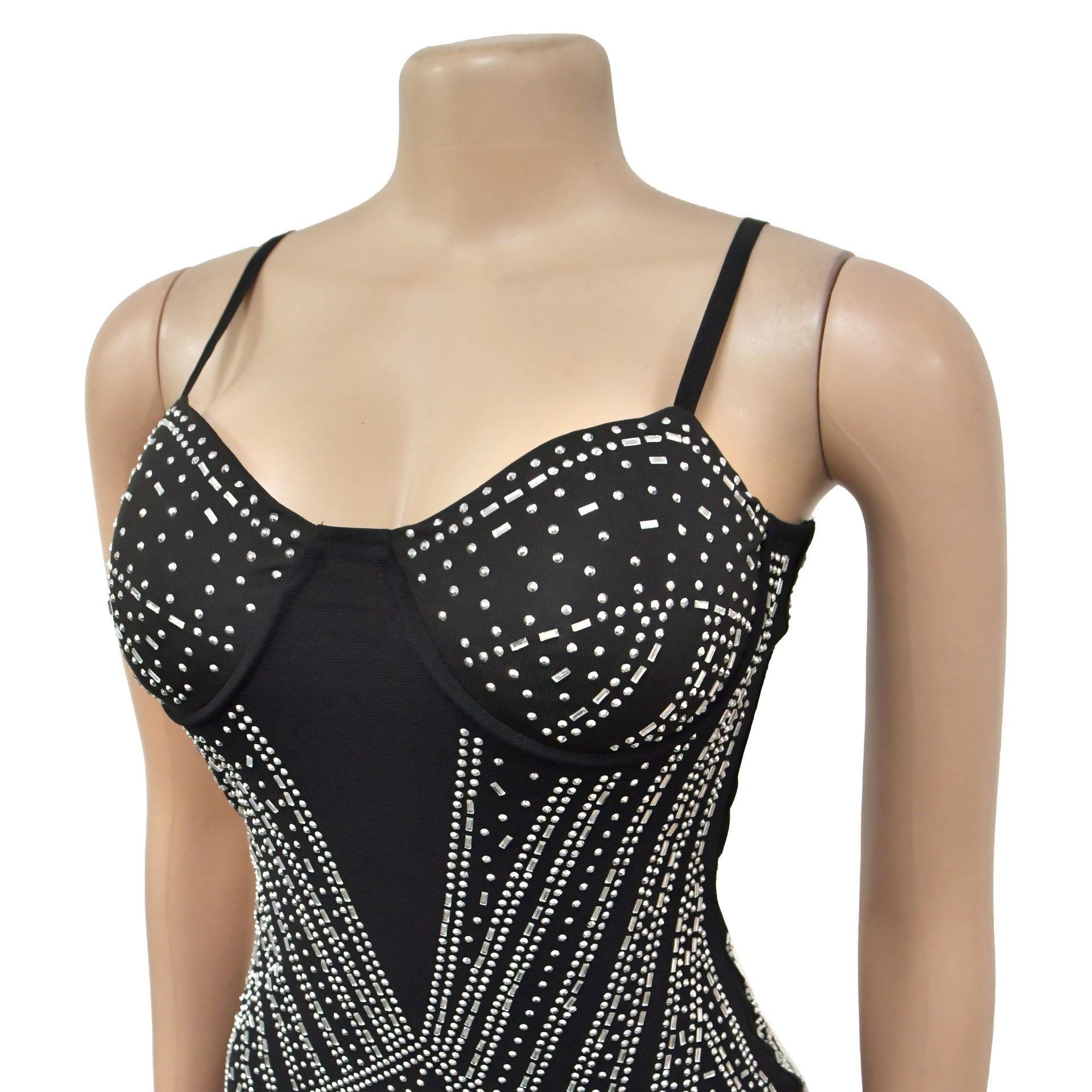 Fashion Women's Solid Color Sexy Beaded Mesh Strap Dress 14