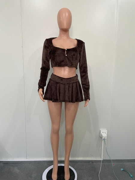 Sexy Plush Long Sleeve Cardigan Top Short Skirt Two Piece Set 8