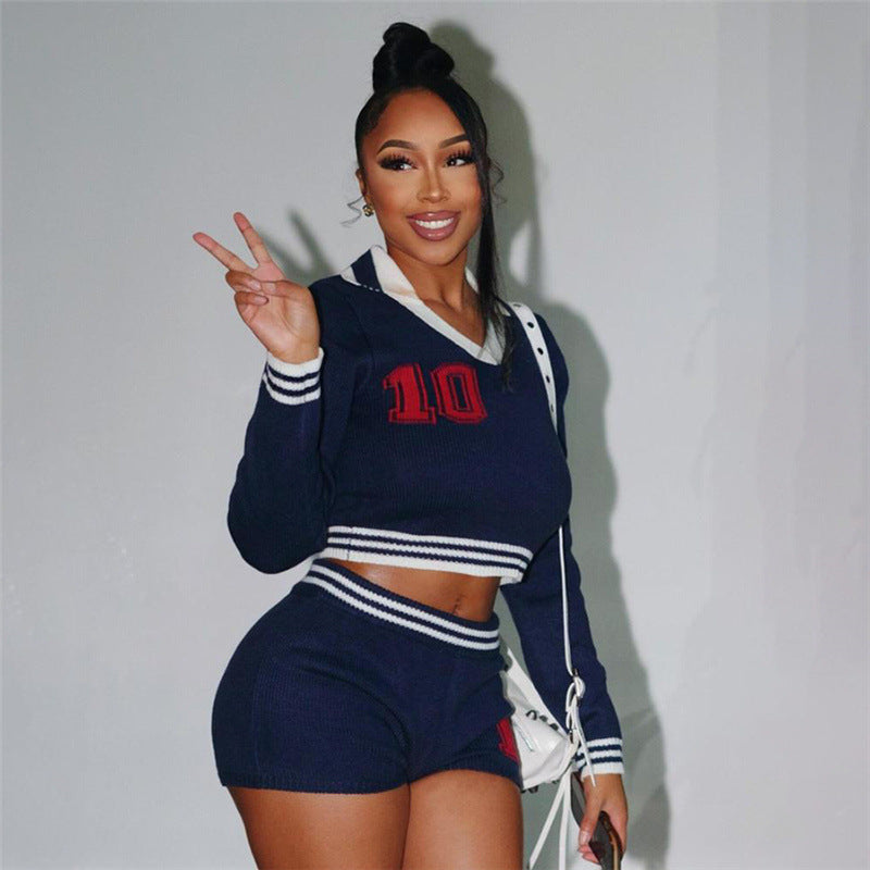 Women Sexy Long Sleeve Crop Top and shorts knitting Two Piece Set 6
