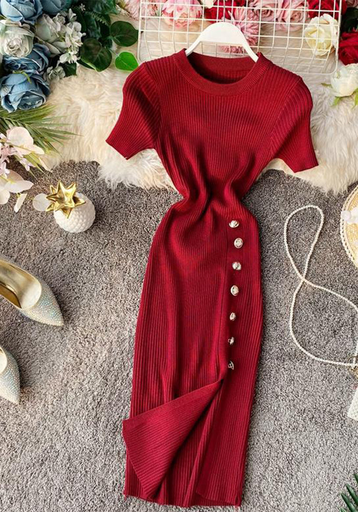 Summer Solid Color Round Neck Button Slim Short Sleeve Elastic Knitting Slit Bodycon Dress