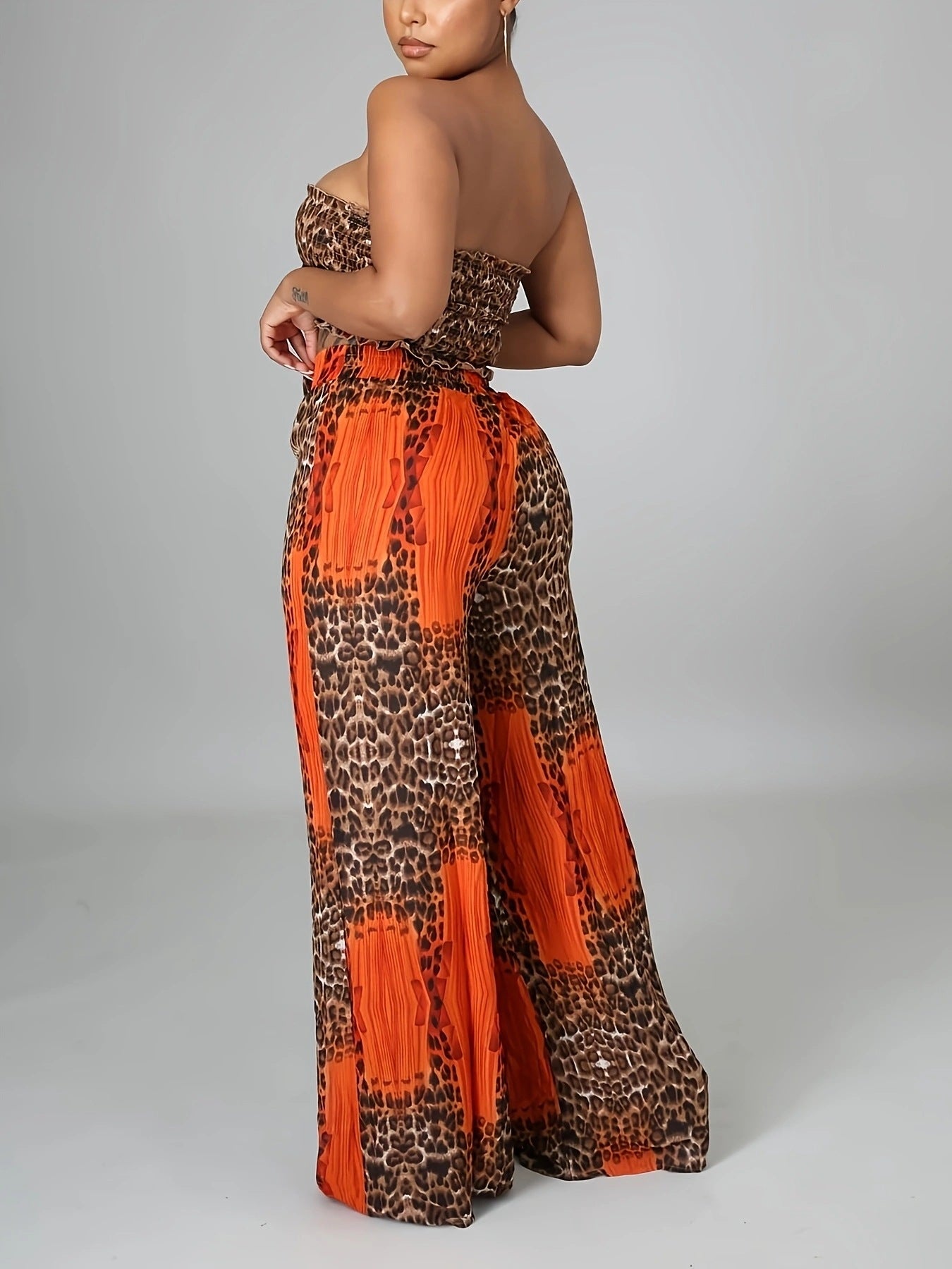 Summer Leopard Print Strapless Lace-Up Wide-Leg Loose Two Piece Pants Set 5