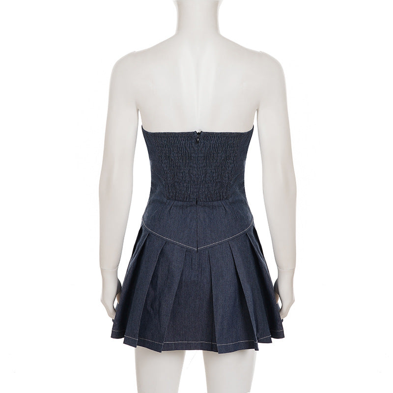 Women Sexy Solid Patchwork Backless Denim Strapless Pleated Dress 10