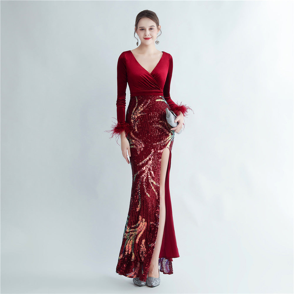 feather sequin velvet side slit long-sleeved evening dress 14