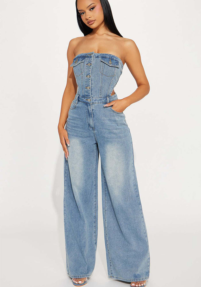 Women Strapless Off Shoulder Wide Leg Denim Jumpsuit