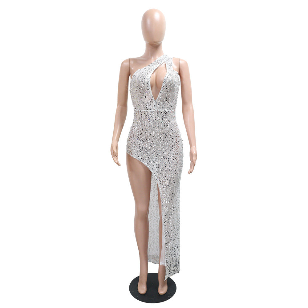 Women Sequin V Neck Halter Neck Sexy Backless Bodycon Maxi Dress 11