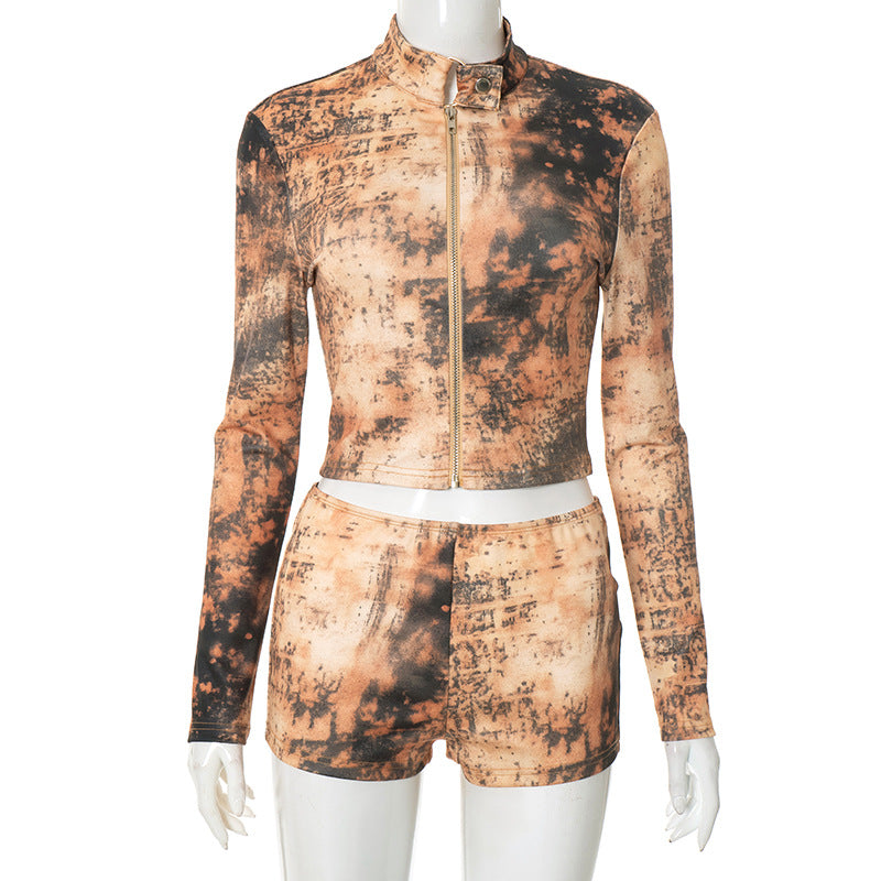 Women's Tie-Dye Print Long Sleeve Zip Top & Tight Fitting Shorts Two-Piece Set 5