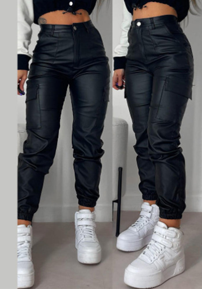 Women Zip Pleated Pockets Casual PU-Leather Pants