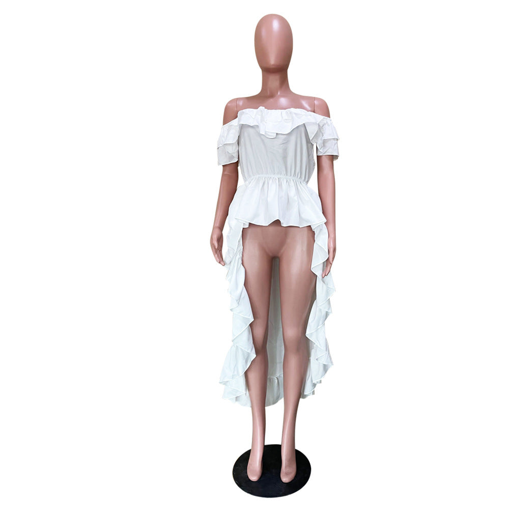 Women Off Shoulder Ruffle Solid Tuxedo Skirt 8