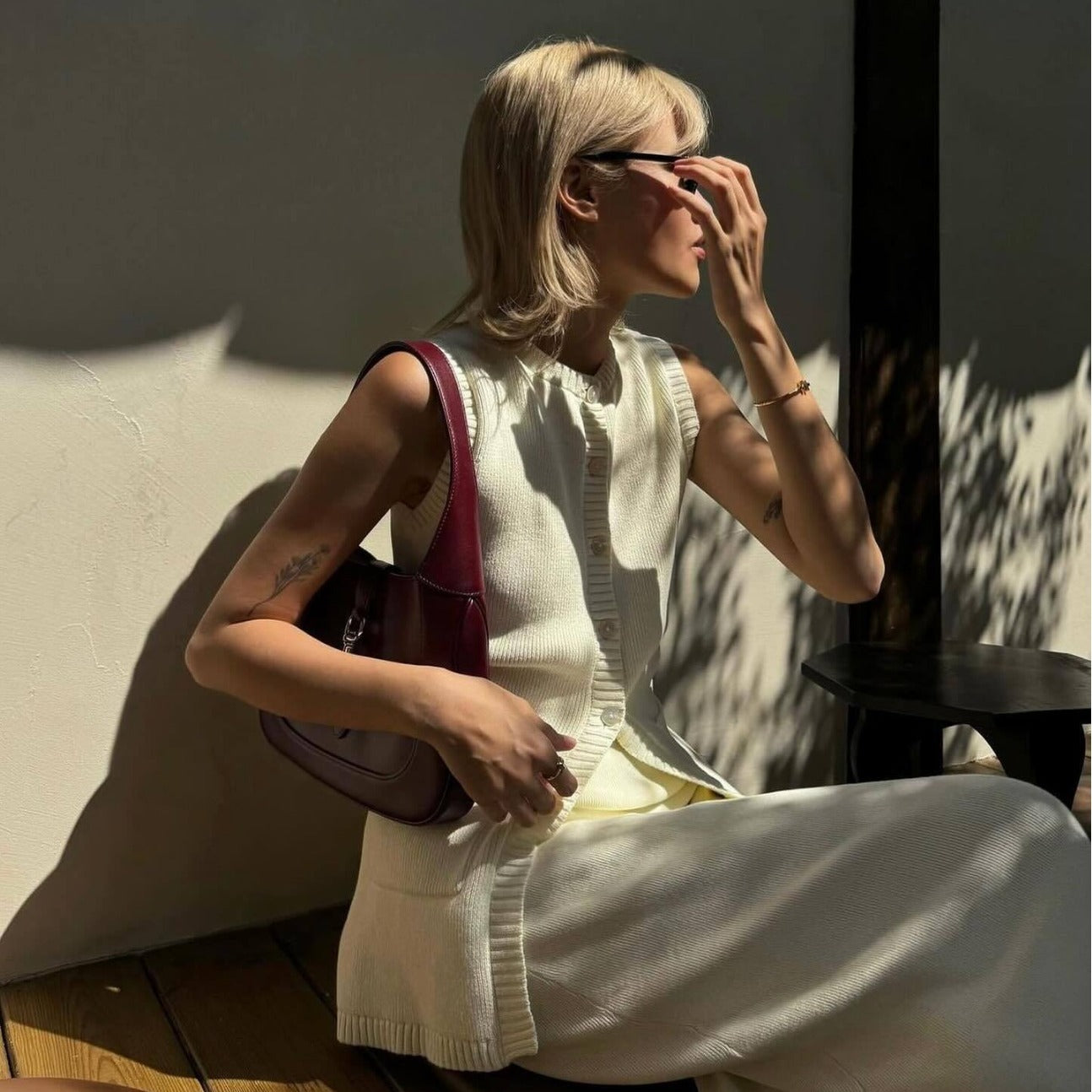 Women Sleeveless Pocket Knitting Vest and Slit Skirt Two Piece Set 11