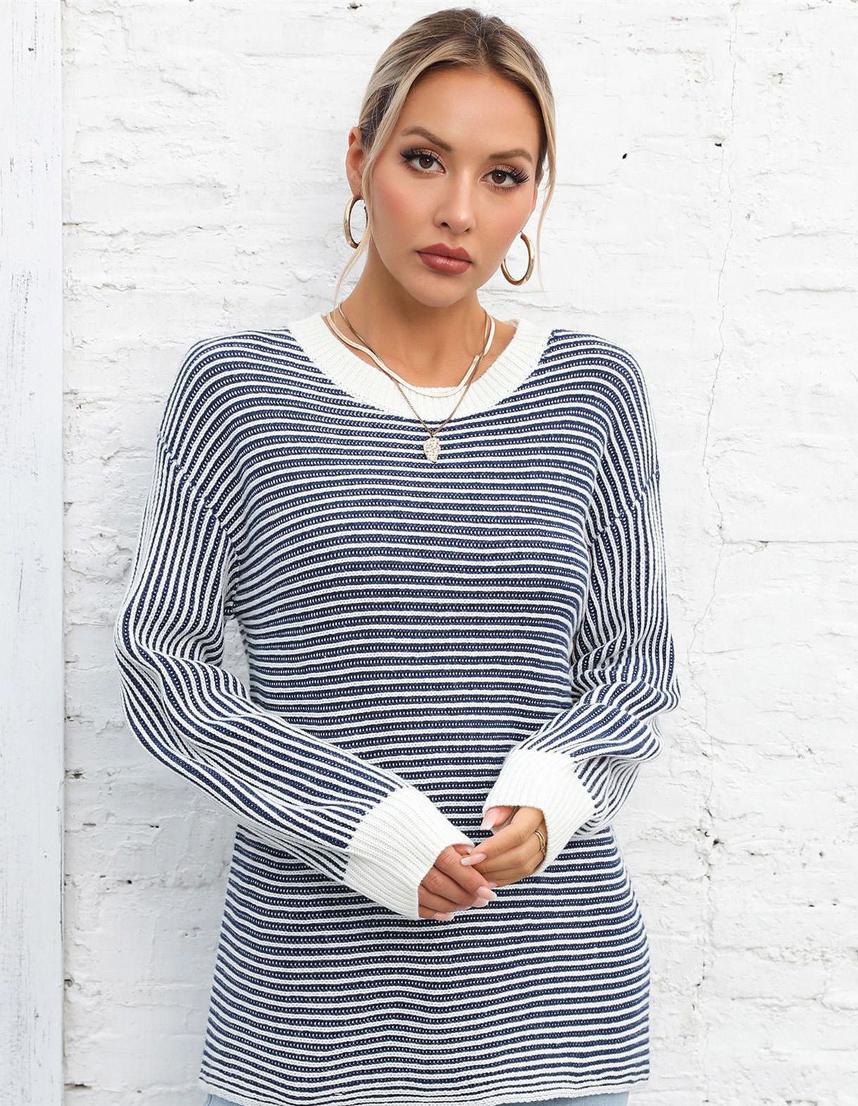 Autumn And Winter Women's Color-Blocked Round Neck Pullover Sweater Striped Knitting Top 13