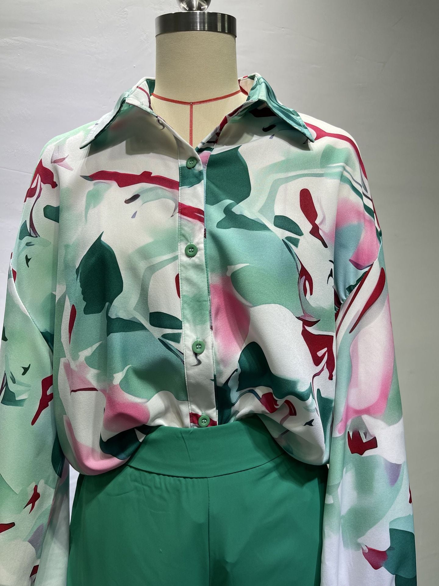 Plus Size Women Print Casual Loose Turndown Collar Shirt + High Waist Wide Leg Pants Two Piece Set 11