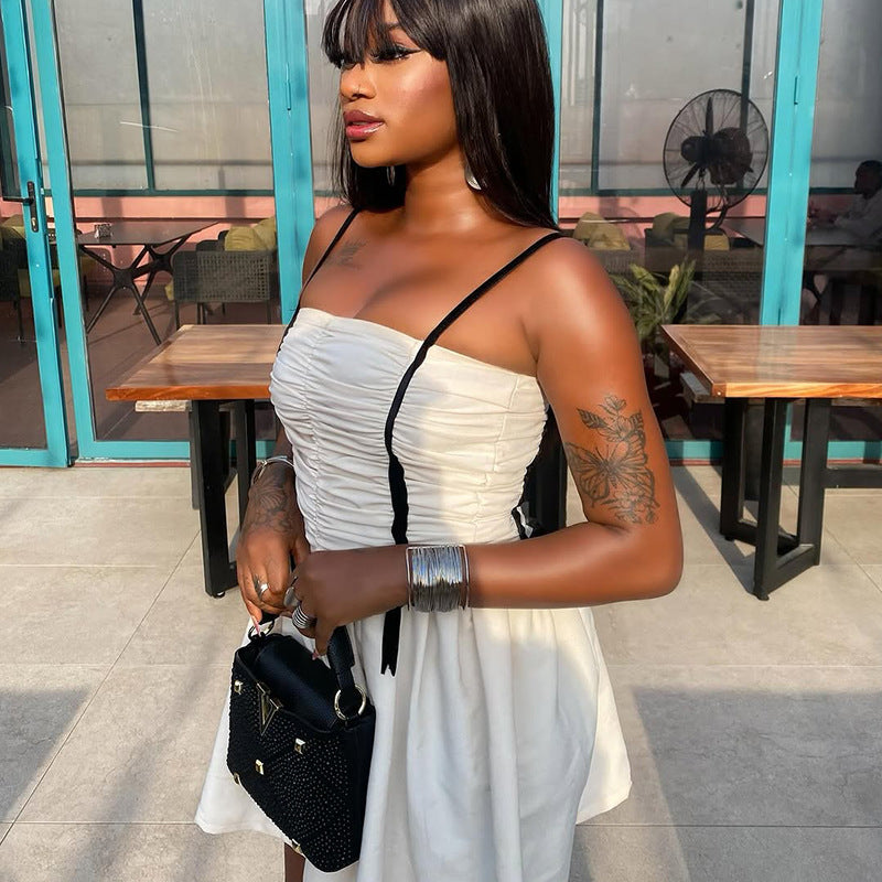 Women Style pleated Patchwork suspender Off Shoulder Backless dress 3