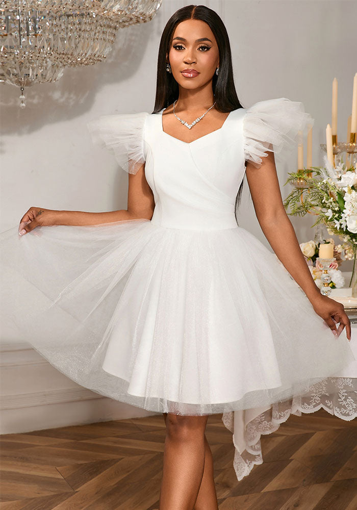 Wedding V-Neck Flying Sleeve Elegant Puffy Mesh Evening Bridesmaid Dress