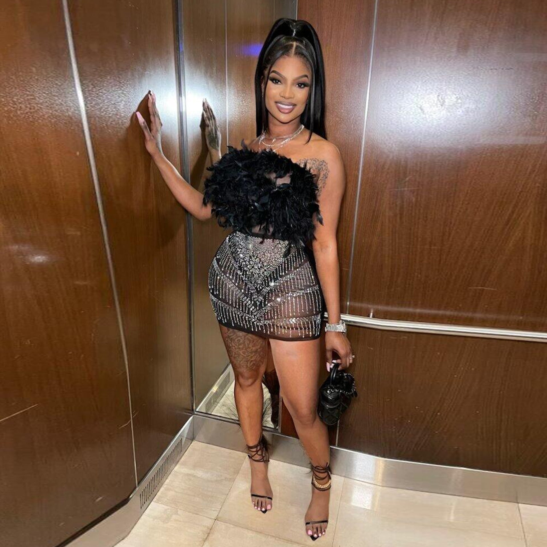 See-Through Slim Feather Beaded Sleeveless Strapless Bodycon Dress