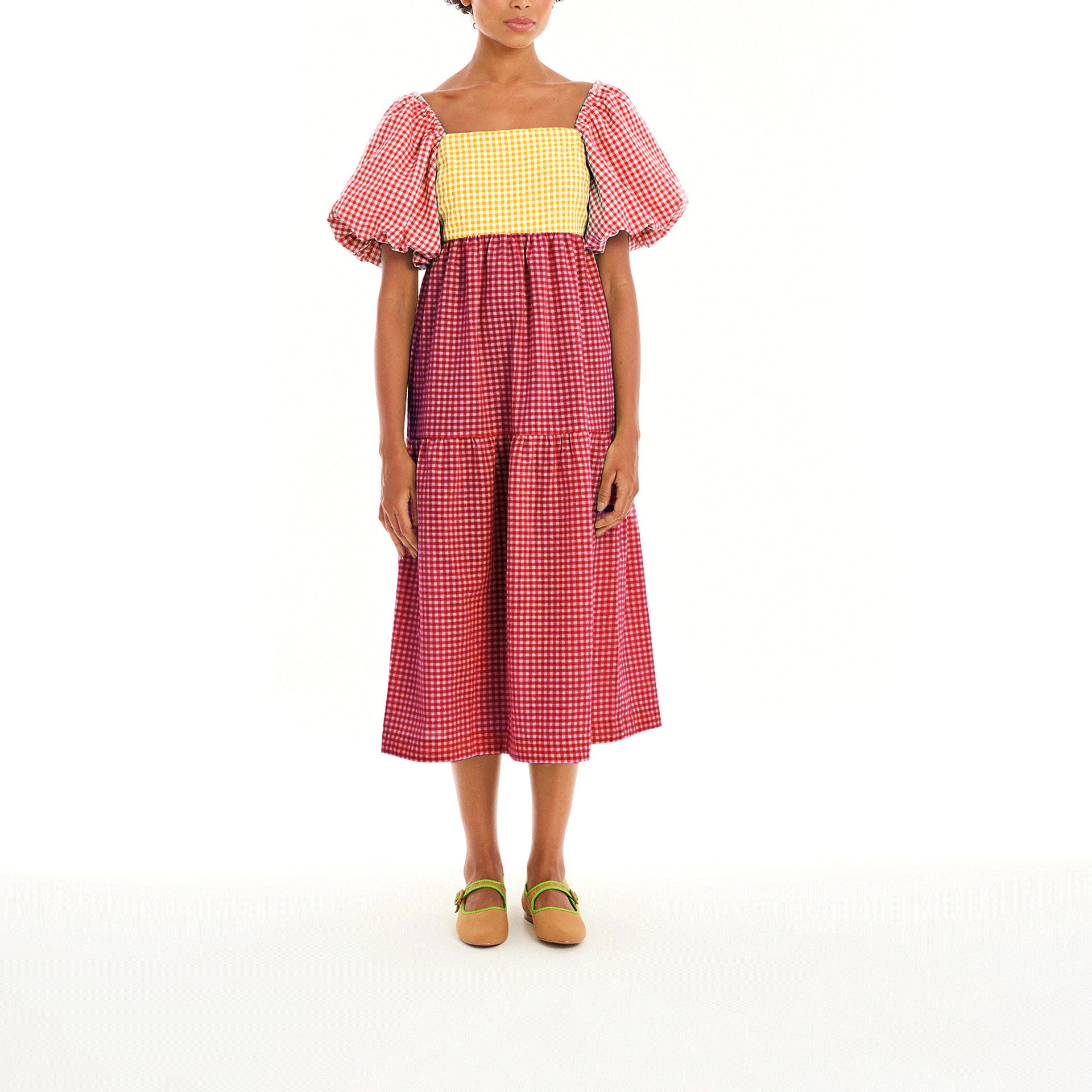 Women Color Block Backless Strappy Balloon Sleeve Dress 8