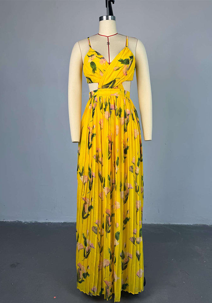 Women Summer Printed V-Neck Suspender Pleated Dress