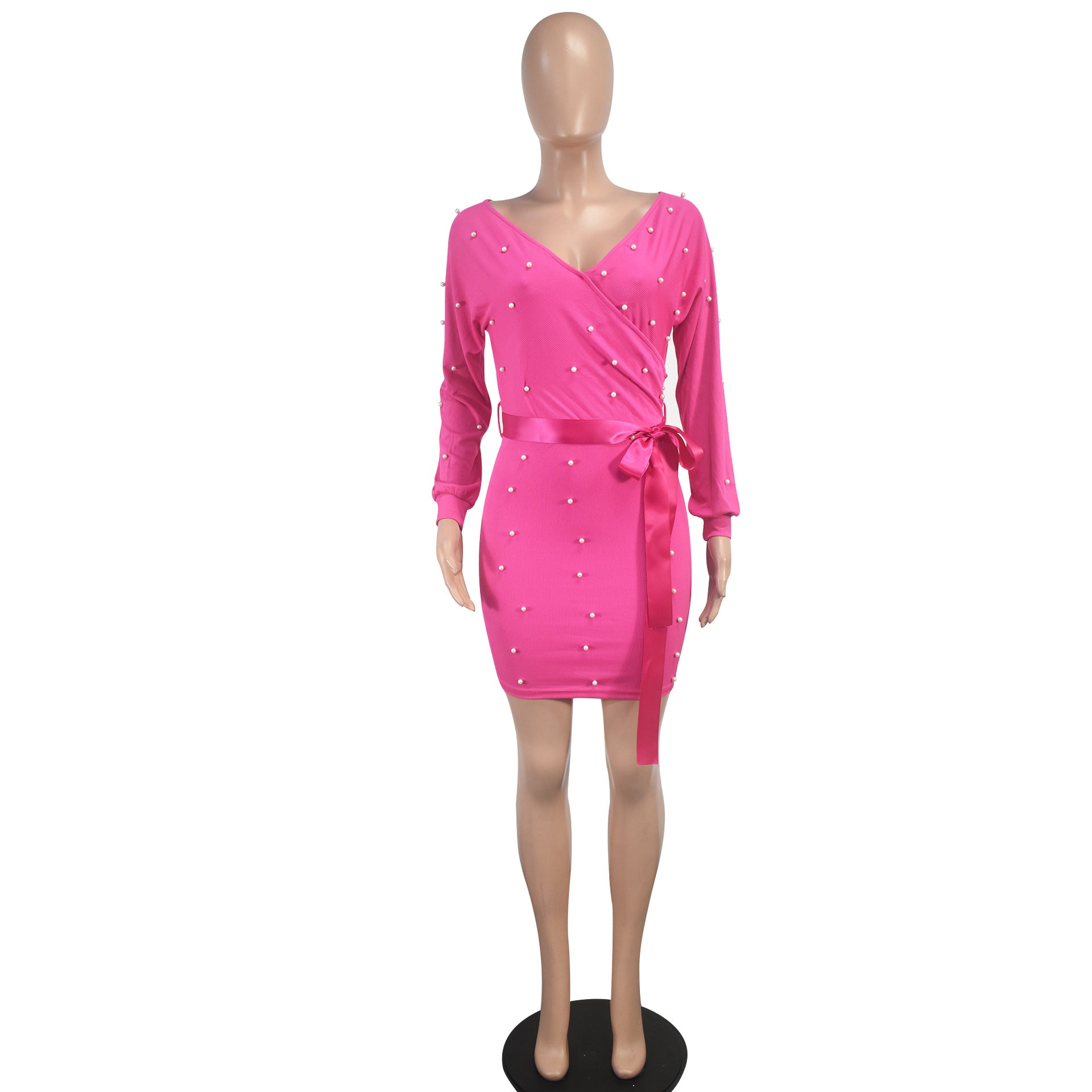 Women dress long-sleeved v-neck belt beaded sexy bodycon dress 8