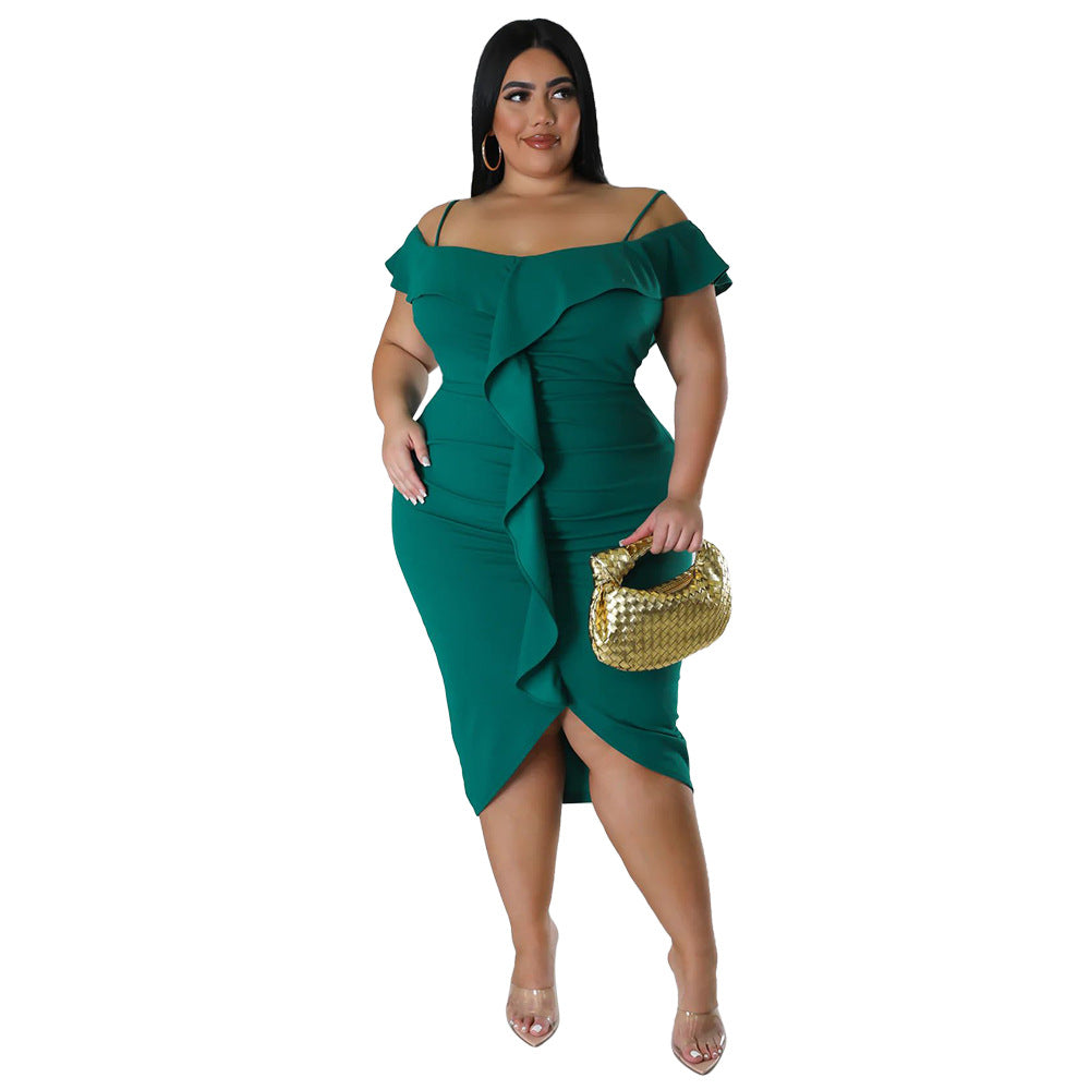 Plus Size Women Solid Off Shoulder Midi Dress 7