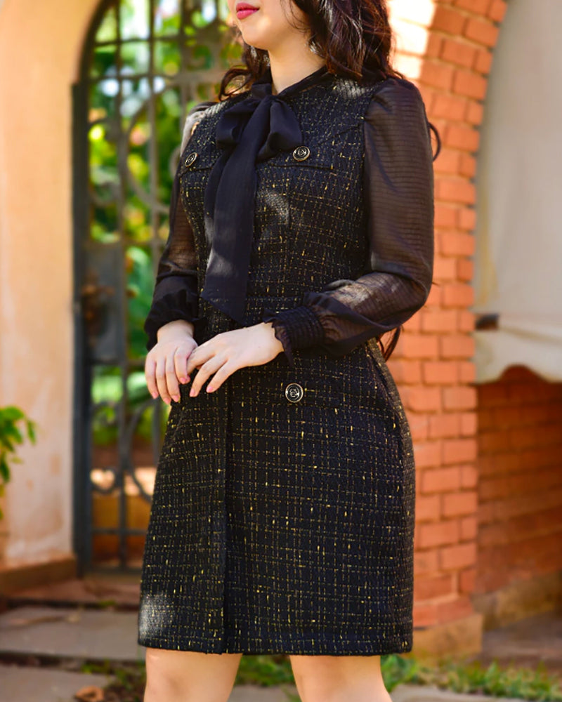 Women Black See-Through Mesh Patchwork Ruffle Edge Neck Lace-Up Dress 6